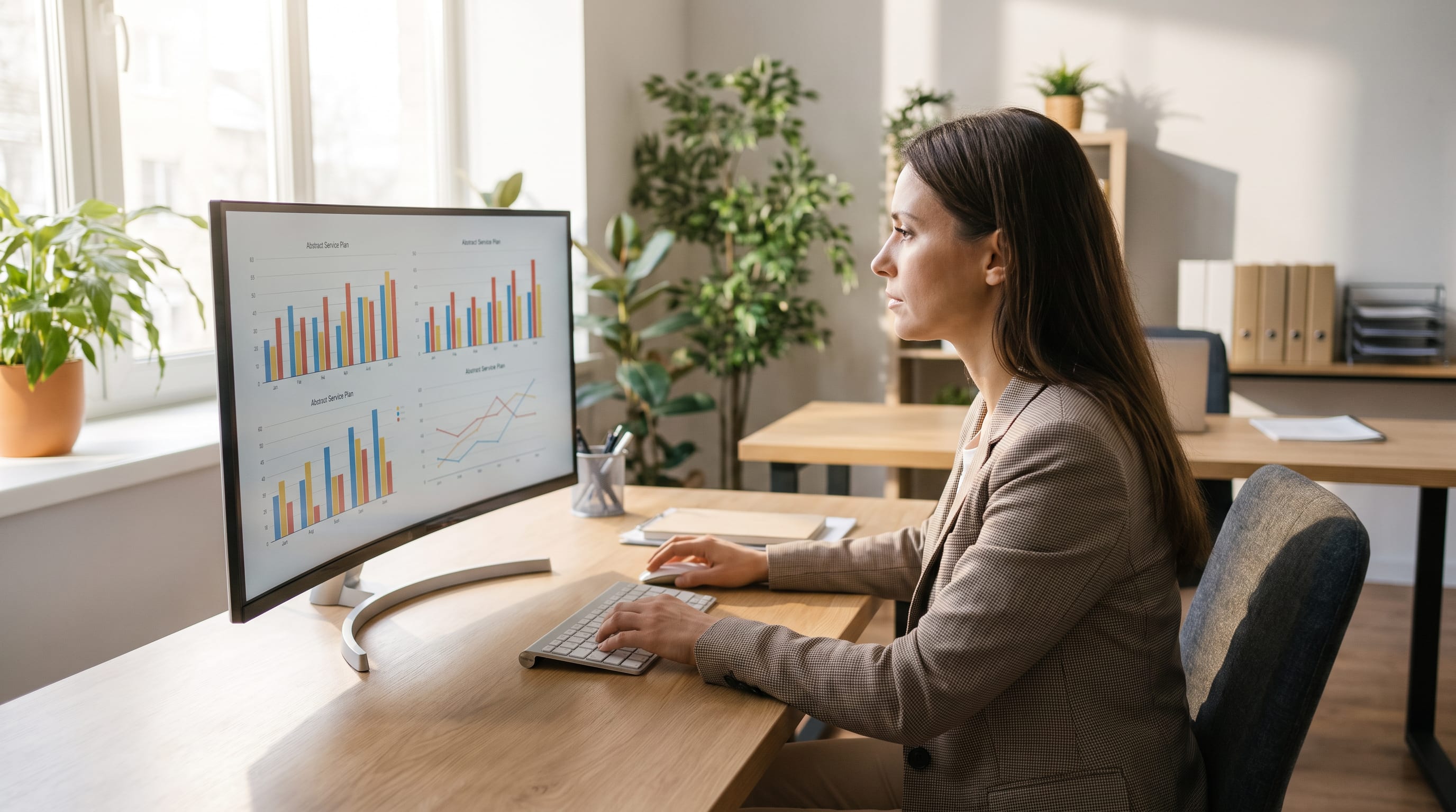 A woman in a suit looks at a computer screen displaying bar charts and line graphs titled "Abstract Service Plan".