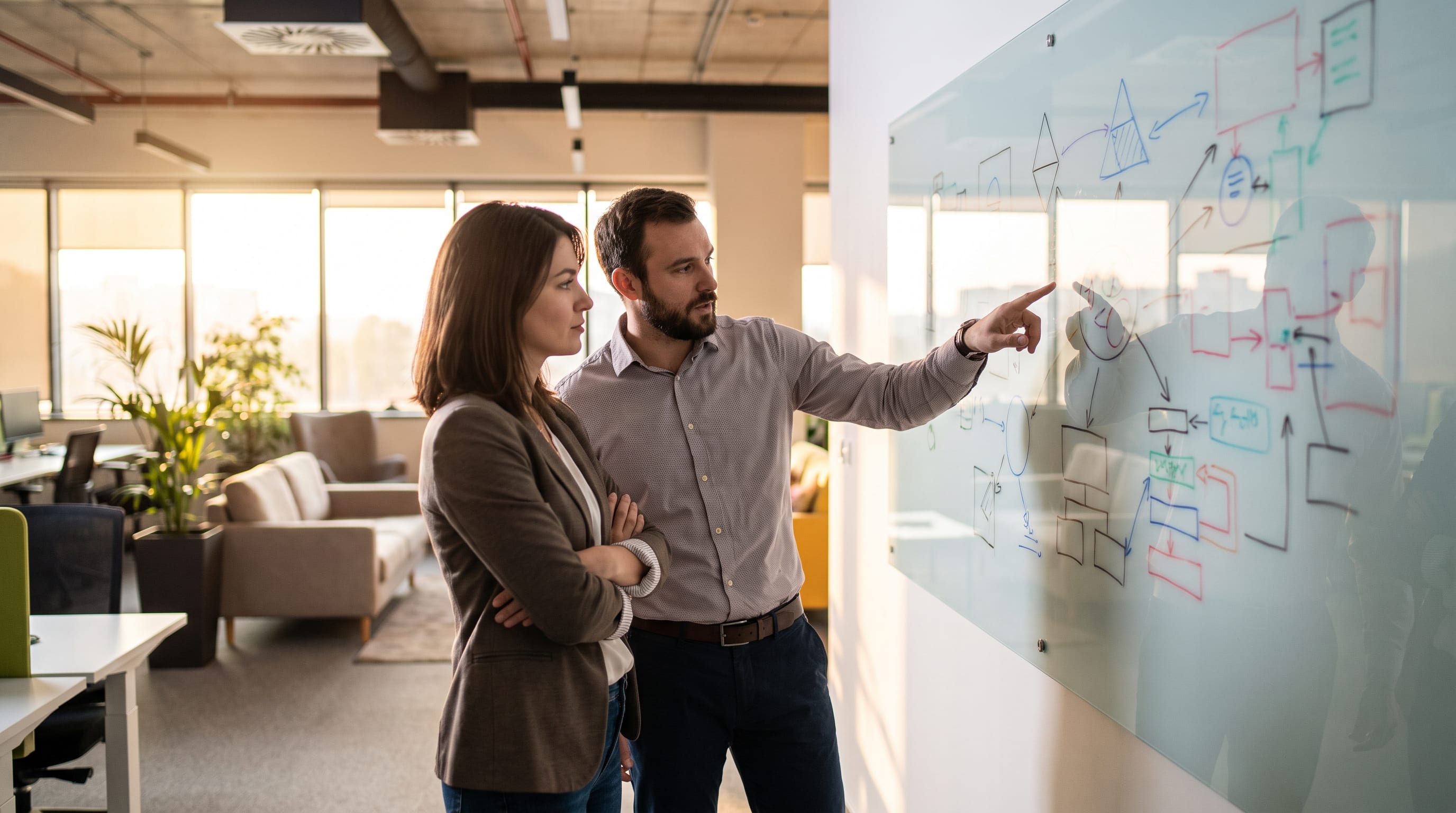 Two professionals discuss a flowchart diagram on a whiteboard in a modern office.
