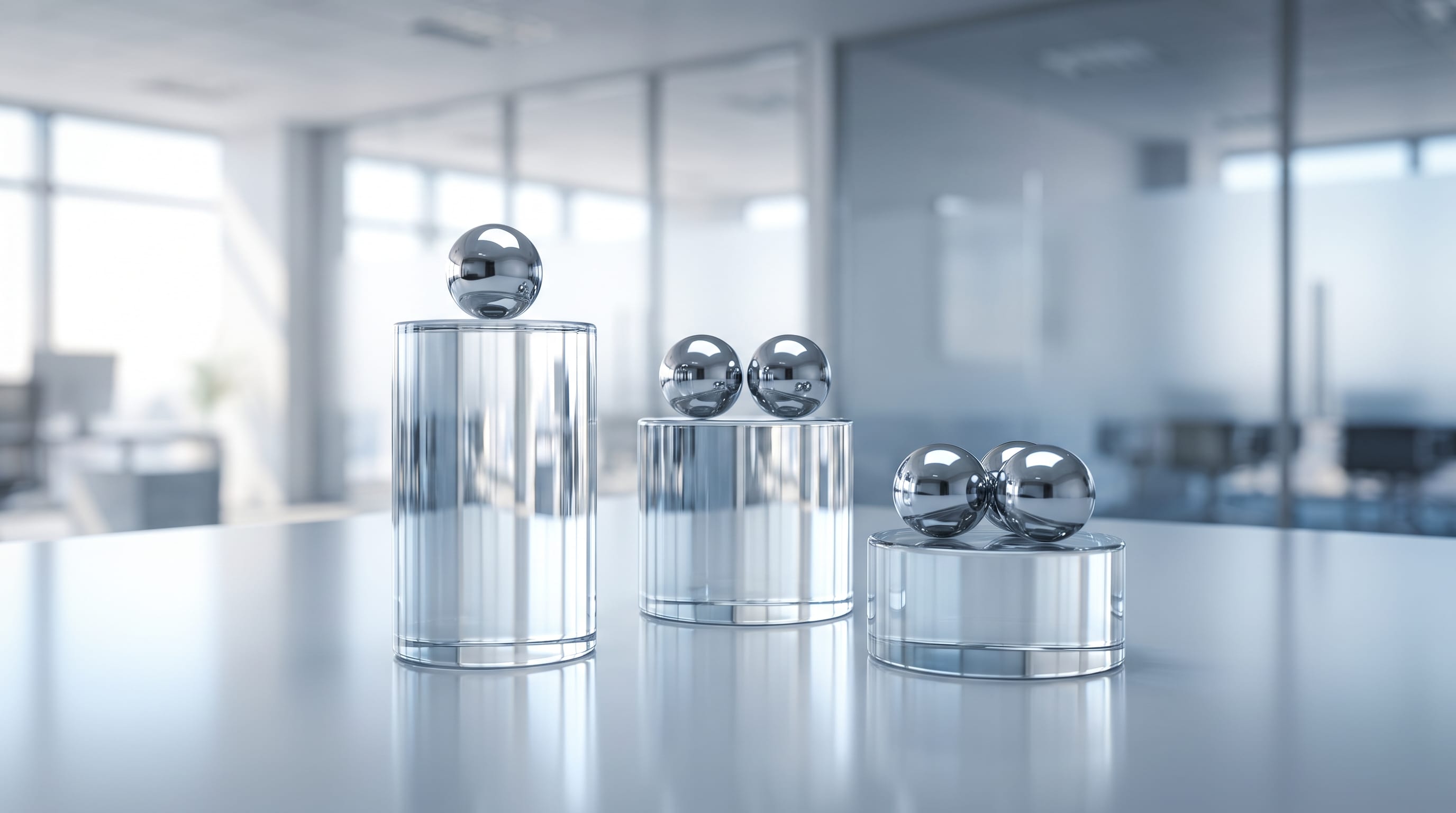 Three glass pedestals of varying heights are topped with metallic spheres in a modern office.